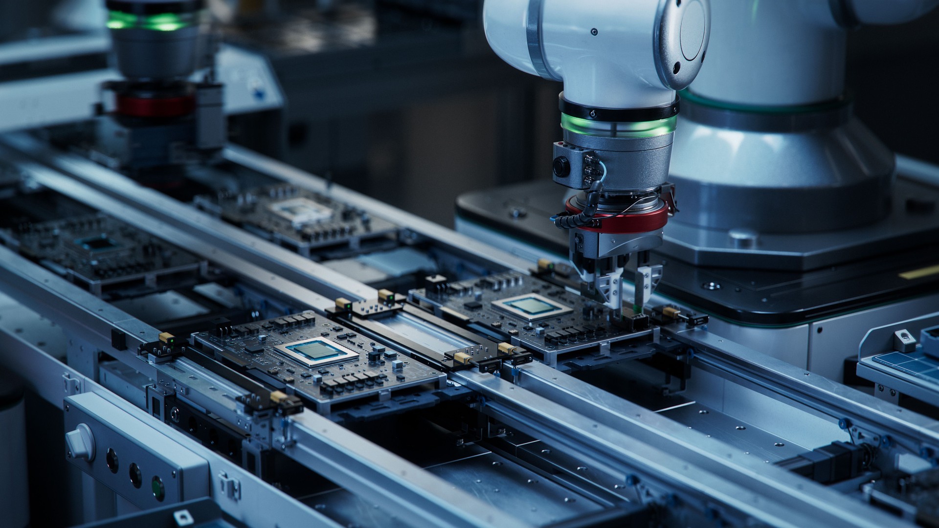 Component Installation and Quality Control of Black Circuit Board. Fully Automated PCB Assembly Line Equipped with High Precision Robot Arms at a Factory. Electronic Devices Manufacturing Industry